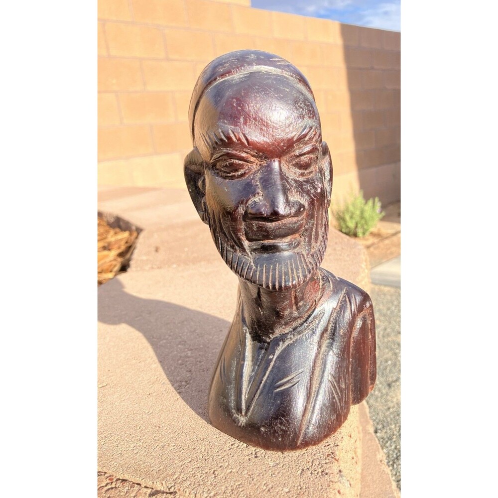 VTG Hand Carved Solid Wood Bearded Man Bust Folk Art Sculpture 8”